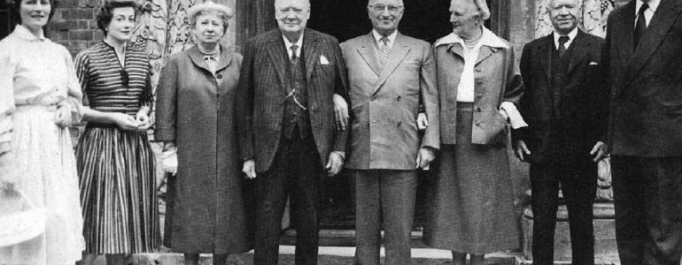 Mary and Sarah, Bess Truman, WSC, President Truman, Clementine, Lord Beaverbrook and Christopher Soames, Chartwell, June, 1956.