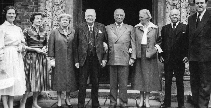 Mary and Sarah, Bess Truman, WSC, President Truman, Clementine, Lord Beaverbrook and Christopher Soames, Chartwell, June, 1956.