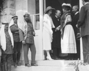 Jerusalem, 28 March 1921: Mr. and Mrs. Winston Churchill greeting local business owners and charity workers Bertha and Frederick Vester at Government House. The Emir Abdullah of Trans-Jordan is third from left (Library of Congress). 