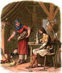 King Alfred is scolded by a Saxon housewife for not turning the cakes, but readily eating them when they were baked: one of Churchill’s favorite myths. (From J.W.E. Doyle, A Chronicle of England, 1864, Wikimedia) 