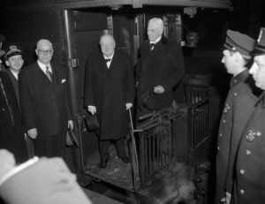 With Baruch as Churchill arrives at Grand Central Station, New York, 19 January 1952, after Churchill’s third speech to Congress in Washington. (Associated Press) 