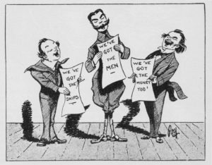 Cartoon by Percy Fearon of Churchill, Kitchener, and Lloyd George singing.