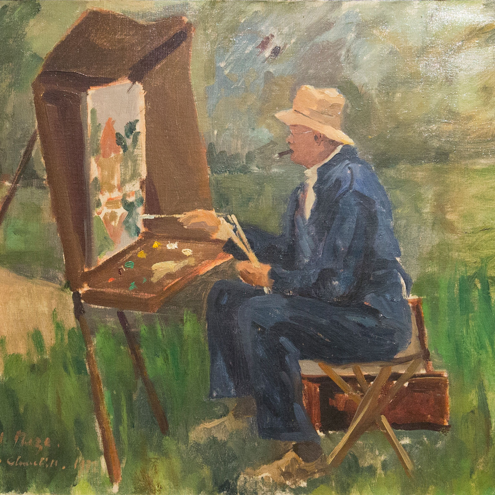 Churchill painting on a river