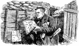 Cartoon of Hilaire Belloc in a war trench with map in hand.