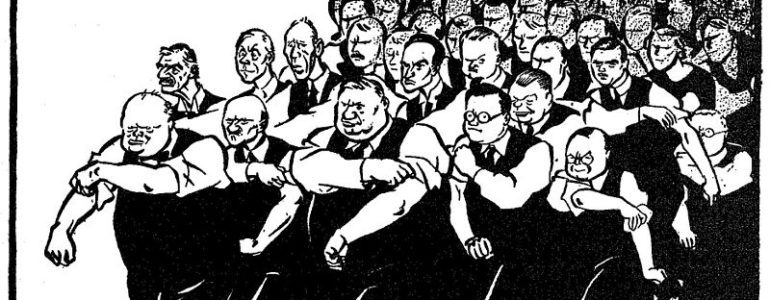 Cartoon drawing of men marching and rolling up their sleeves.