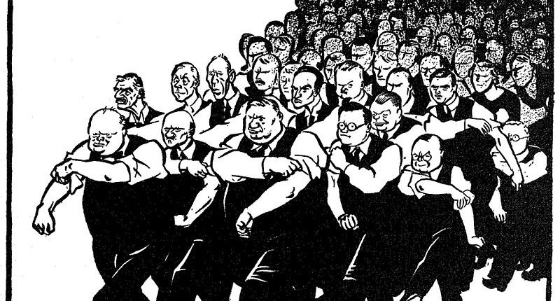 Cartoon drawing of men marching and rolling up their sleeves.