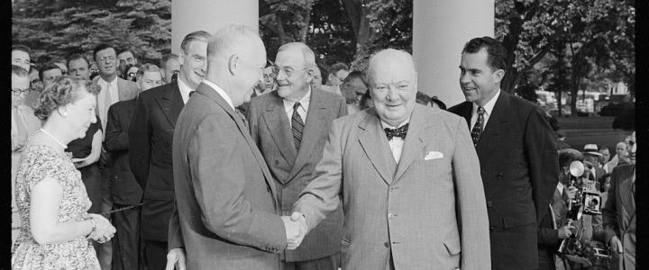 Churchill shaking hands at the White House, June 25 1954