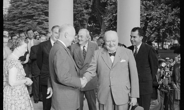 Churchill shaking hands at the White House, June 25 1954