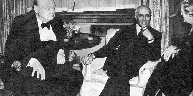 The Churchills conversing with Jawaharlal Nehru.