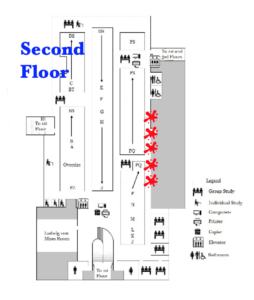 Mossey Library Second Floor Lithograph Location Map