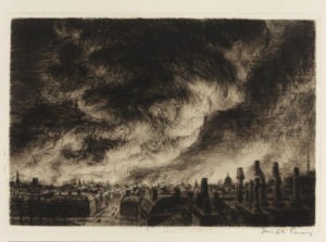 Sketch of a view across the rooftops of central London during the Blitz