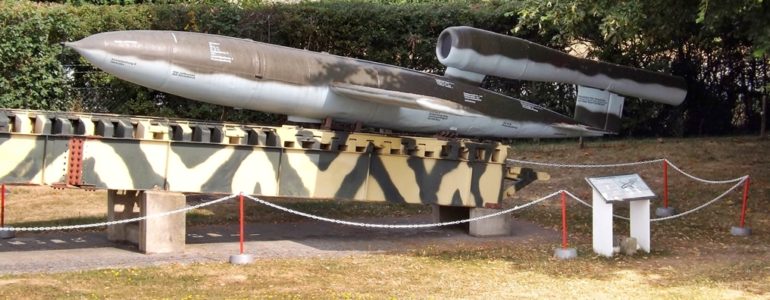 V1 flying bomb displayed on platform