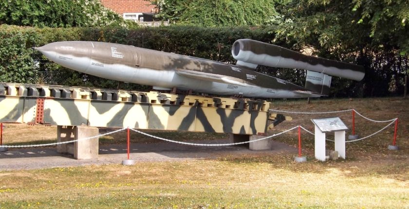 V1 flying bomb displayed on platform