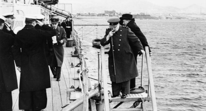 Churchill departing HMS Ajax to mediate between royalist and communist factions